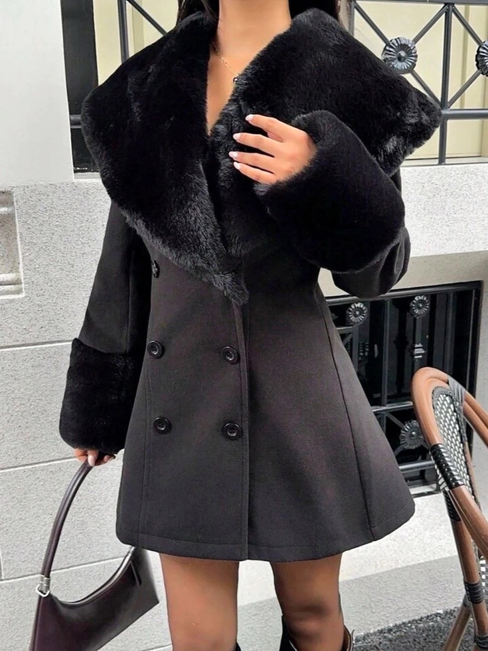 Black Faux Fur Collar Coat Like New